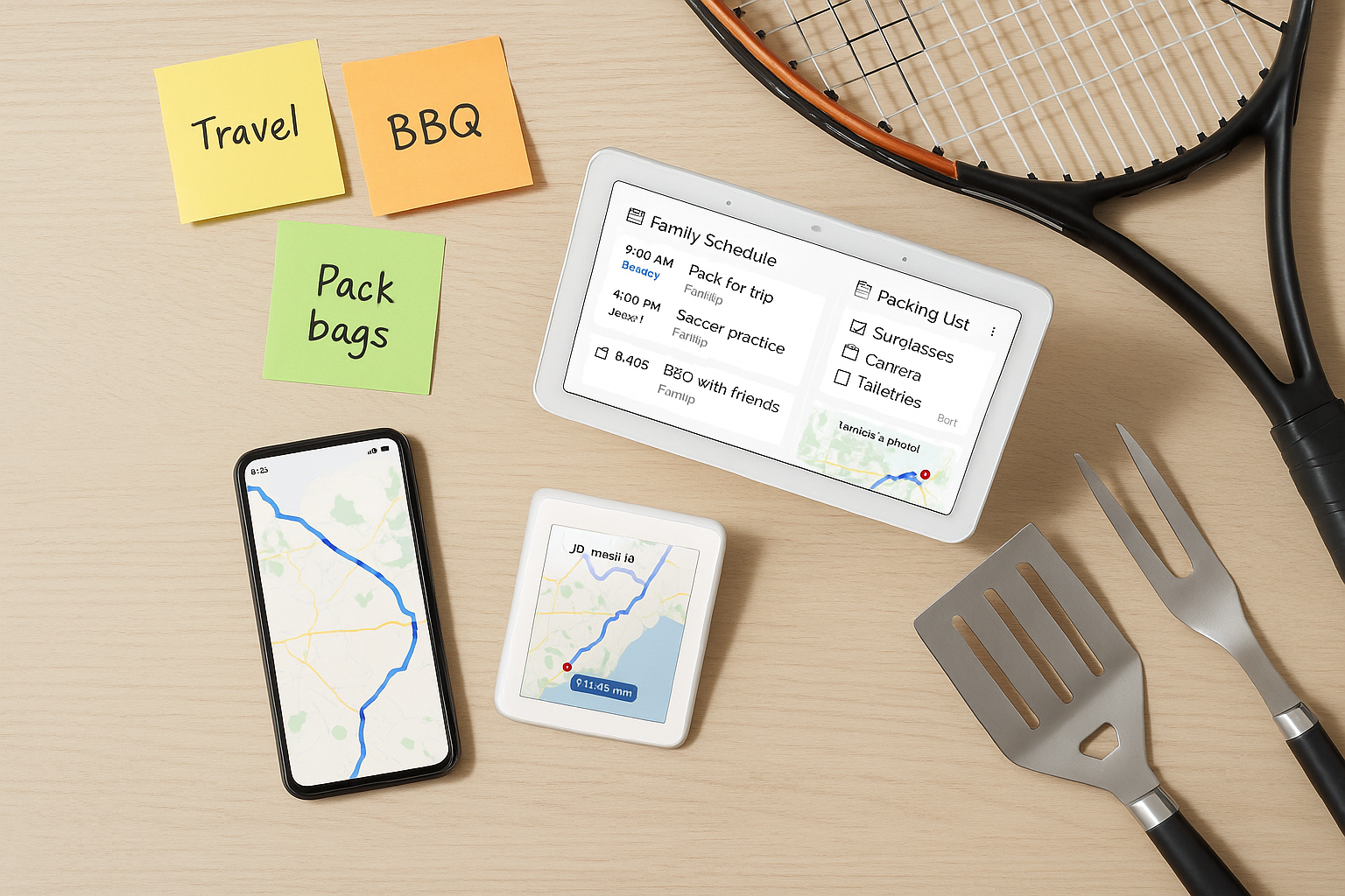 Flat lay of summer planning tools including a digital family schedule, GPS maps on smart devices, BBQ utensils, and sticky notes labeled “Travel,” “BBQ,” and “Pack bags.” Flat lay of summer planning tools including a digital family schedule, GPS maps on smart devices, BBQ utensils, and sticky notes labeled “Travel,” “BBQ,” and “Pack bags.”