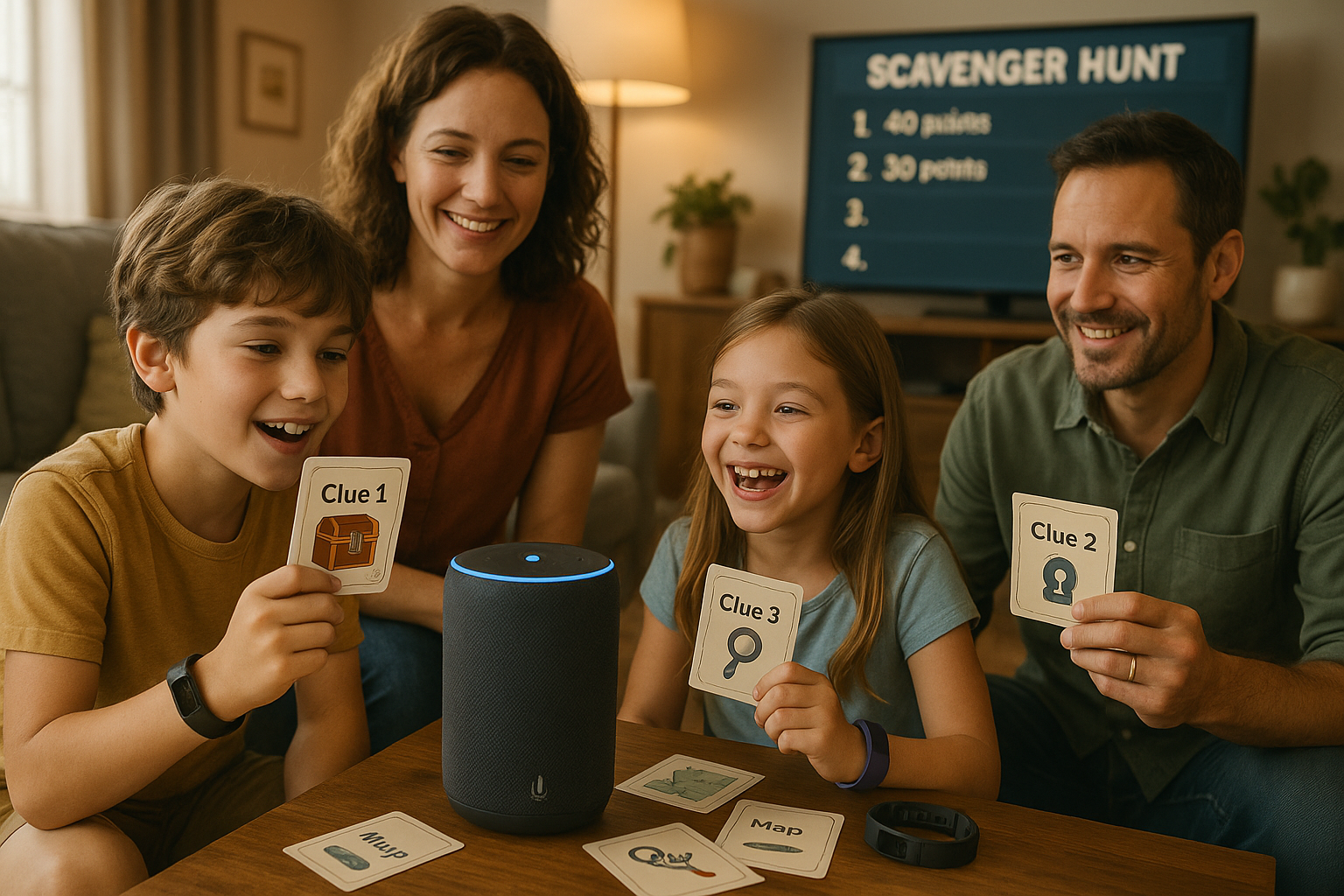 Family playing an interactive AI-powered scavenger hunt game indoors with voice assistant device and clue cards, smiling and enjoying a tech-enhanced bonding activity. Family playing an interactive AI-powered scavenger hunt game indoors with voice assistant device and clue cards, smiling and enjoying a tech-enhanced bonding activity.