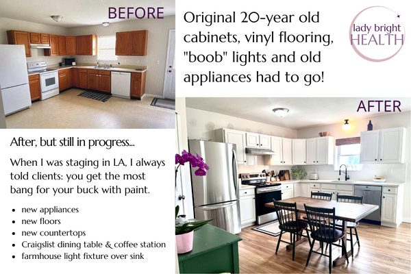 Home renovation progress - before & after cabinet paint - kitchen makeover. Lady Bright Health.