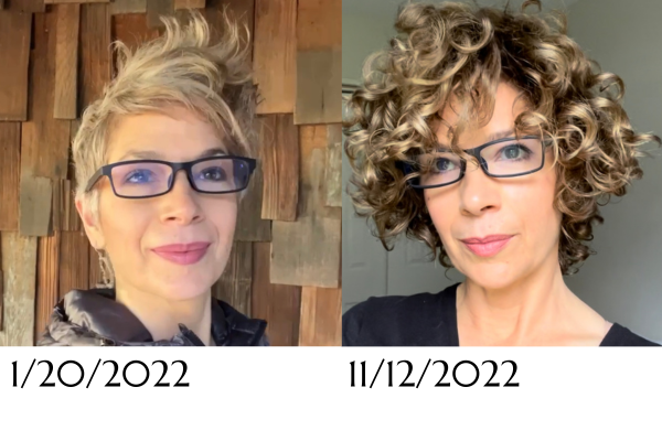 silver short hair, hair growth, golden highlights with curls, gray short pixie, silver pixie 