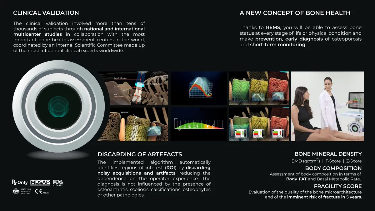 REMS bone density scan technology display showing advanced ultrasound imaging and fracture risk assessment NYC REMS bone density scan technology display showing advanced ultrasound imaging and fracture risk assessment NYC