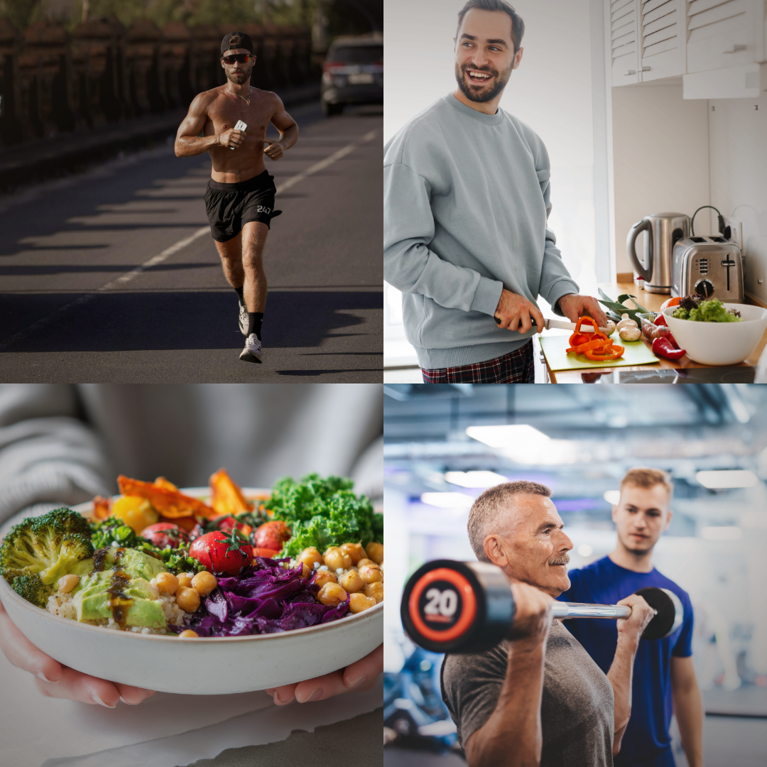 “Person jogging in a park representing physical health and energy.” “Smiling adult cooking a healthy meal representing mental well-being.” “Bowl of fruits and vegetables representing immune system support.” “Older adult lifting weights representing healthy aging and longevity.” “Person jogging in a park representing physical health and energy.” “Smiling adult cooking a healthy meal representing mental well-being.” “Bowl of fruits and vegetables representing immune system support.” “Older adult lifting weights representing healthy aging and longevity.”
