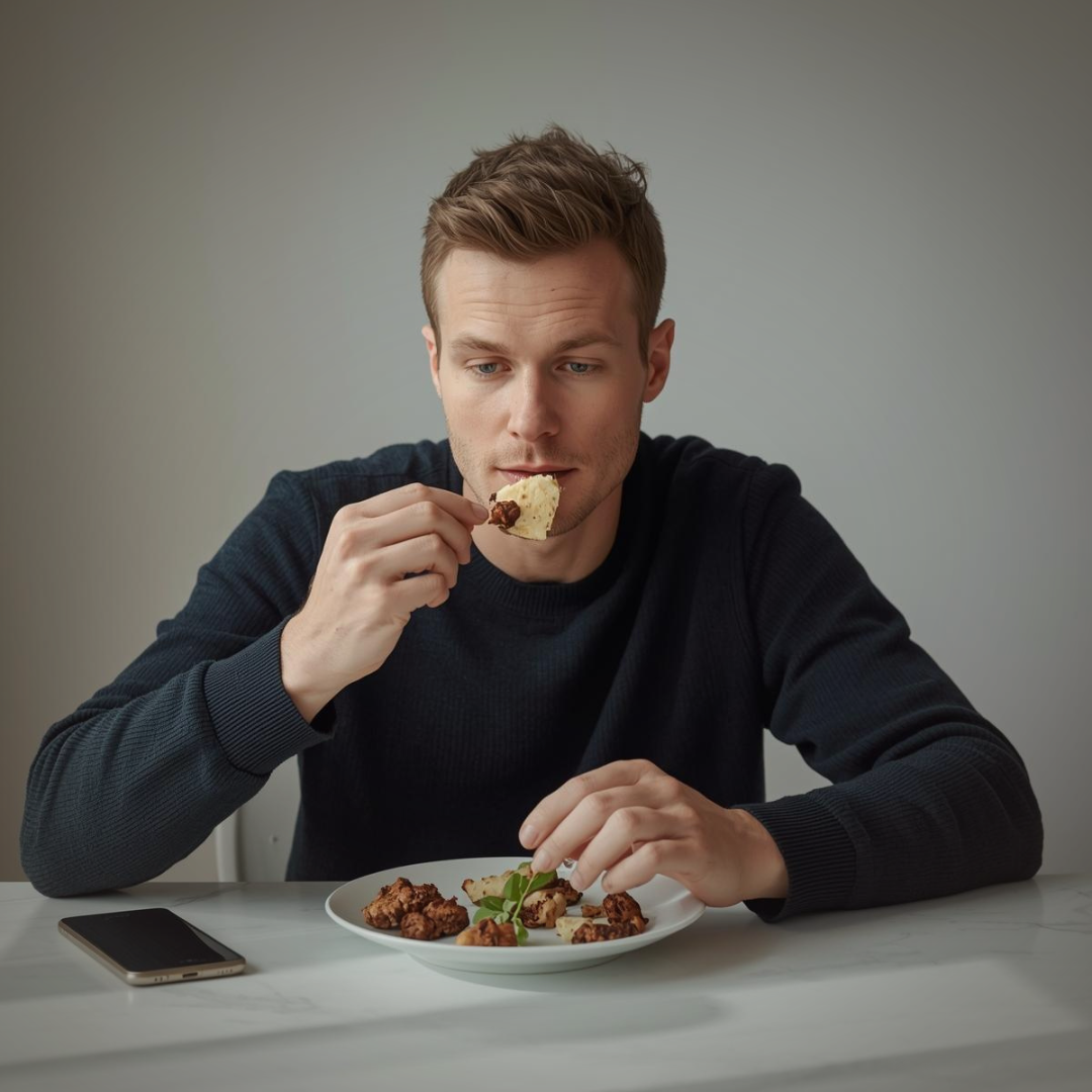 Practising mindful eating without distractions for fat loss.