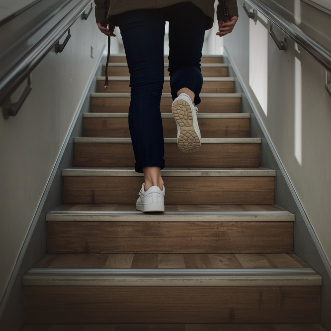 A person walking up stairs for quick daily exercise. A person walking up stairs for quick daily exercise.