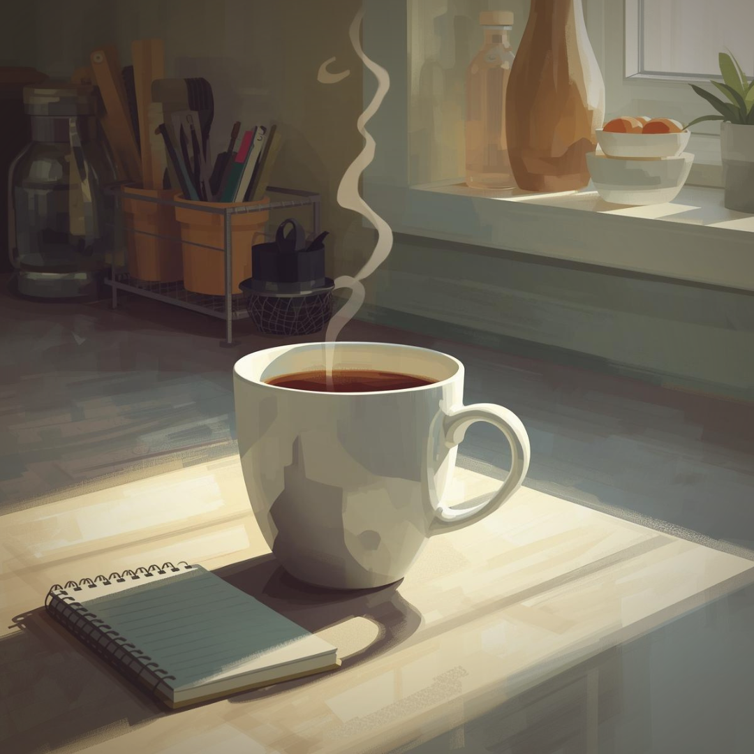 Morning coffee on a kitchen counter with a planner, representing a small daily habit for health improvement. Morning coffee on a kitchen counter with a planner, representing a small daily habit for health improvement.