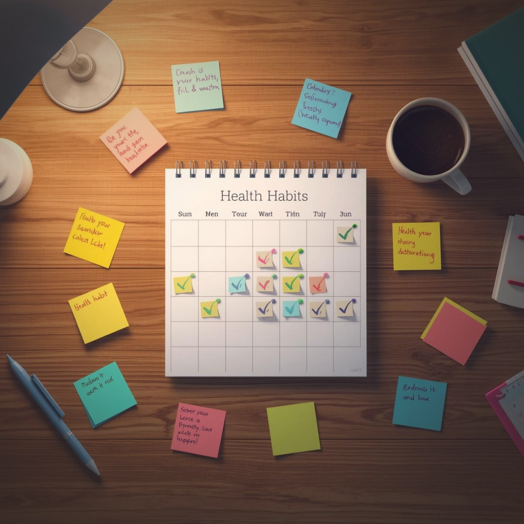 Weekly calendar showing small daily health habits checked off to track incremental progress. Weekly calendar showing small daily health habits checked off to track incremental progress.