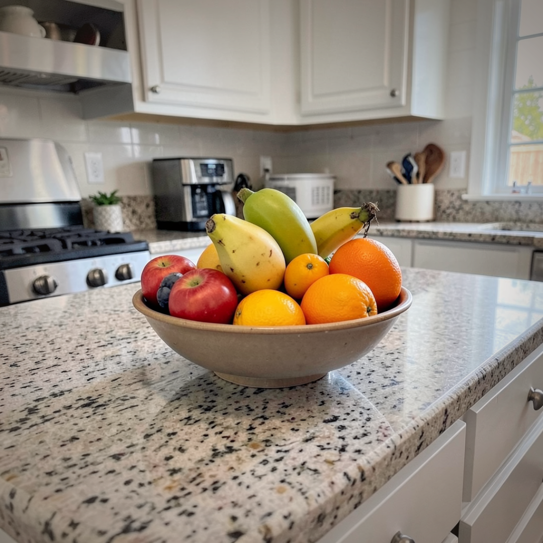 Fruit bowl on kitchen counter promoting a healthier food environment.