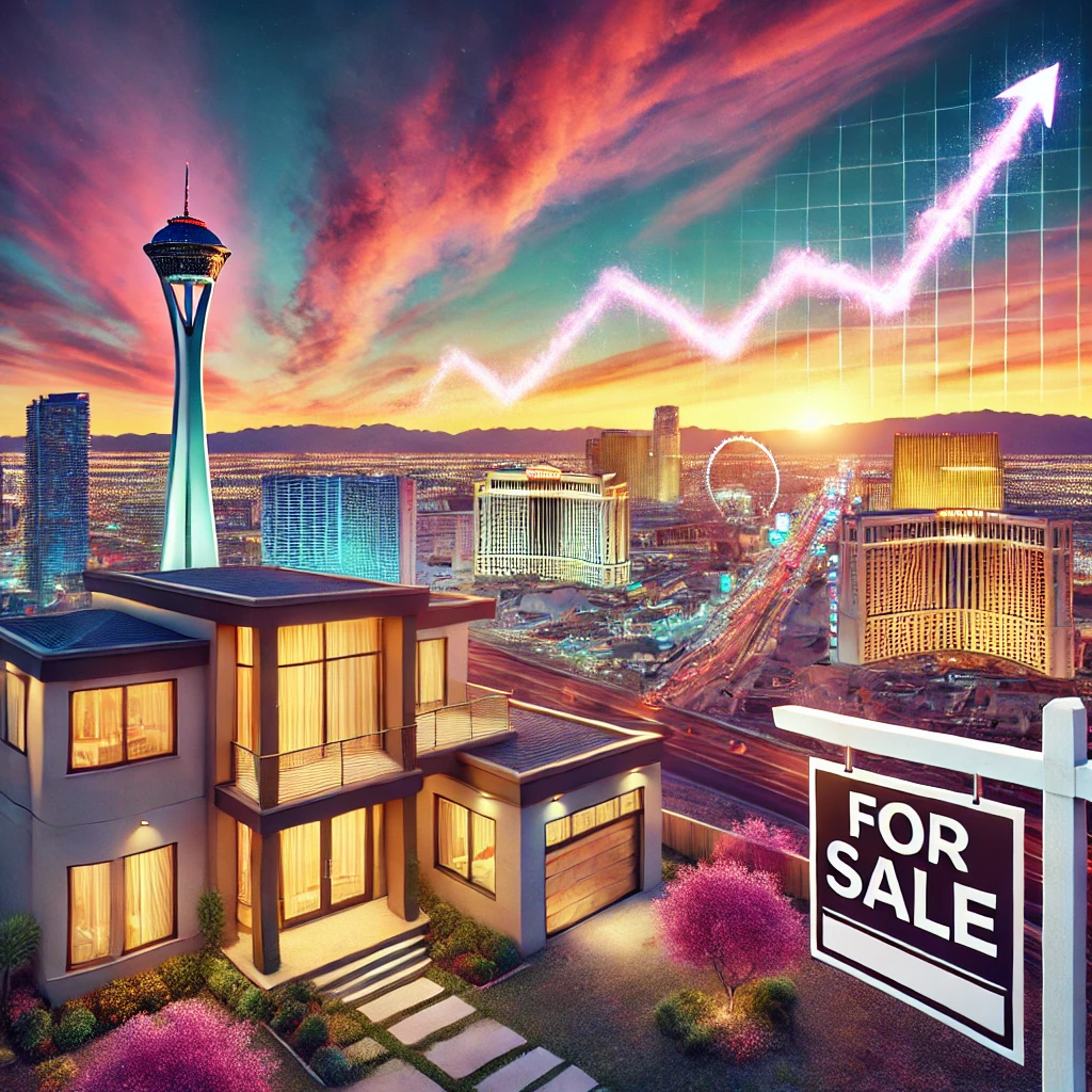 A vibrant sunset view of the Las Vegas skyline with iconic landmarks like the Stratosphere and casinos. In the foreground, a modern luxury home with a 'For Sale' sign displaying a high price tag. An upward graph subtly blends into the sky, symbolizing the rising costs of Las Vegas homes A vibrant sunset view of the Las Vegas skyline with iconic landmarks like the Stratosphere and casinos. In the foreground, a modern luxury home with a 'For Sale' sign displaying a high price tag. An upward graph subtly blends into the sky, symbolizing the rising costs of Las Vegas homes