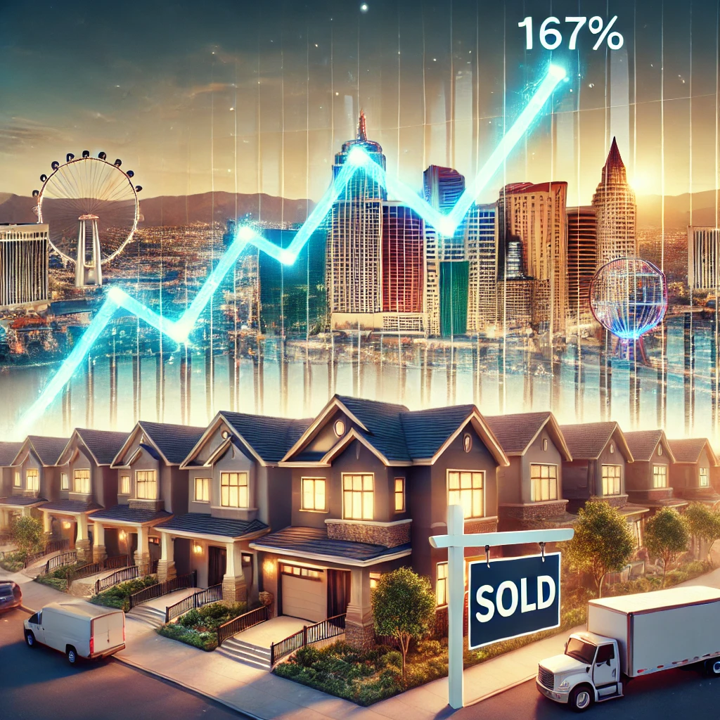 An illustration of the Las Vegas skyline with iconic landmarks, an upward trend graph showing a 167% growth in home prices, and modern homes with sold signs in the foreground. Tourists and moving trucks symbolize economic growth and population influx An illustration of the Las Vegas skyline with iconic landmarks, an upward trend graph showing a 167% growth in home prices, and modern homes with sold signs in the foreground. Tourists and moving trucks symbolize economic growth and population influx