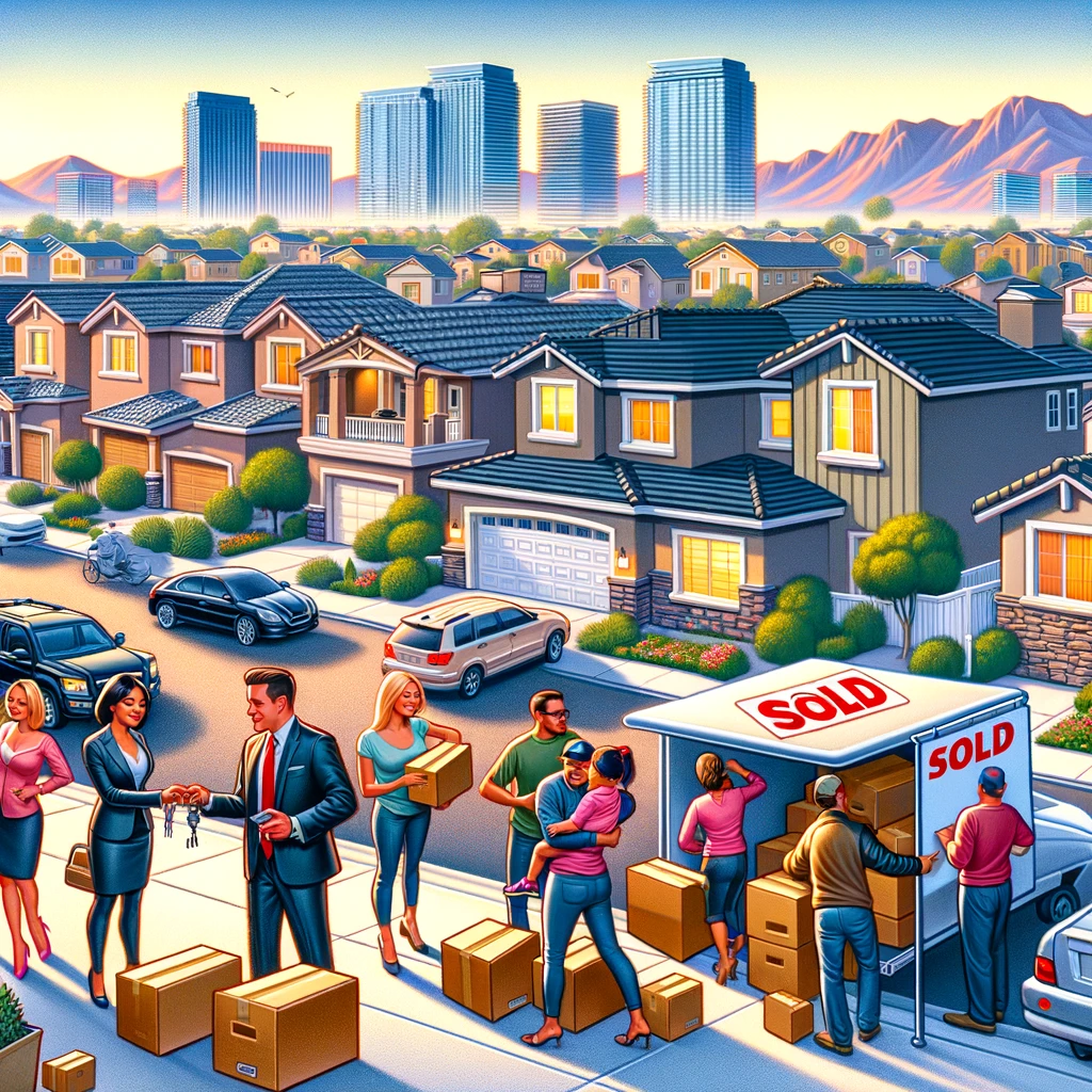 A vibrant Las Vegas neighborhood with modern homes featuring 'Sold' signs. New residents unload moving boxes, a realtor hands keys to a family, and a line of people waits outside a house for an open house tour, symbolizing high housing demand A vibrant Las Vegas neighborhood with modern homes featuring 'Sold' signs. New residents unload moving boxes, a realtor hands keys to a family, and a line of people waits outside a house for an open house tour, symbolizing high housing demand