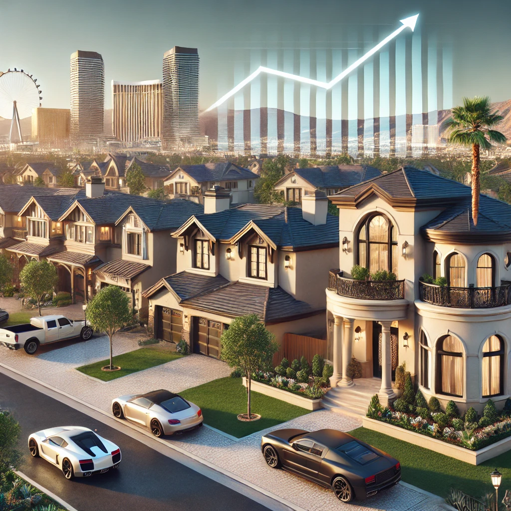 A picturesque Las Vegas setting featuring a row of las vegas luxury homes with large windows, manicured lawns, and luxury cars in the driveways. The Las Vegas skyline is visible in the background, with a subtle upward trend graph symbolizing a 13.5% increase in luxury home prices A picturesque Las Vegas setting featuring a row of las vegas luxury homes with large windows, manicured lawns, and luxury cars in the driveways. The Las Vegas skyline is visible in the background, with a subtle upward trend graph symbolizing a 13.5% increase in luxury home prices