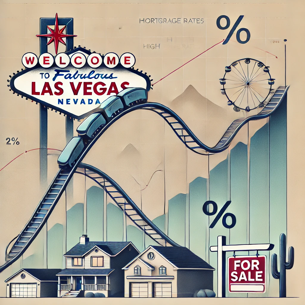An illustration of the Las Vegas housing market stabilizing, featuring a gentle roller coaster track in the background transitioning to a flat section. The foreground shows a graph with a slight dip and slow growth, Las Vegas homes with a 'For Sale' sign, and symbols of high mortgage rates subtly integrated, reflecting cautious real estate market dynamics. An illustration of the Las Vegas housing market stabilizing, featuring a gentle roller coaster track in the background transitioning to a flat section. The foreground shows a graph with a slight dip and slow growth, Las Vegas homes with a 'For Sale' sign, and symbols of high mortgage rates subtly integrated, reflecting cautious real estate market dynamics.