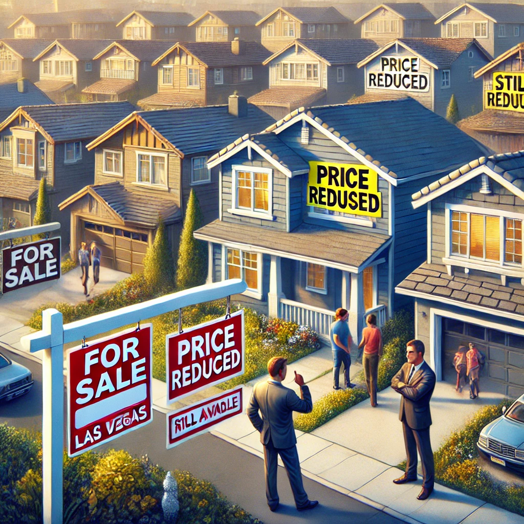 A Las Vegas neighborhood with multiple homes for sale, featuring 'For Sale' signs, some with 'Price Reduced' banners and others marked 'Still Available.' In the foreground, a real estate agent advises a seller, while buyers browse the homes, reflecting a balanced market and strategic pricing. A Las Vegas neighborhood with multiple homes for sale, featuring 'For Sale' signs, some with 'Price Reduced' banners and others marked 'Still Available.' In the foreground, a real estate agent advises a seller, while buyers browse the homes, reflecting a balanced market and strategic pricing.