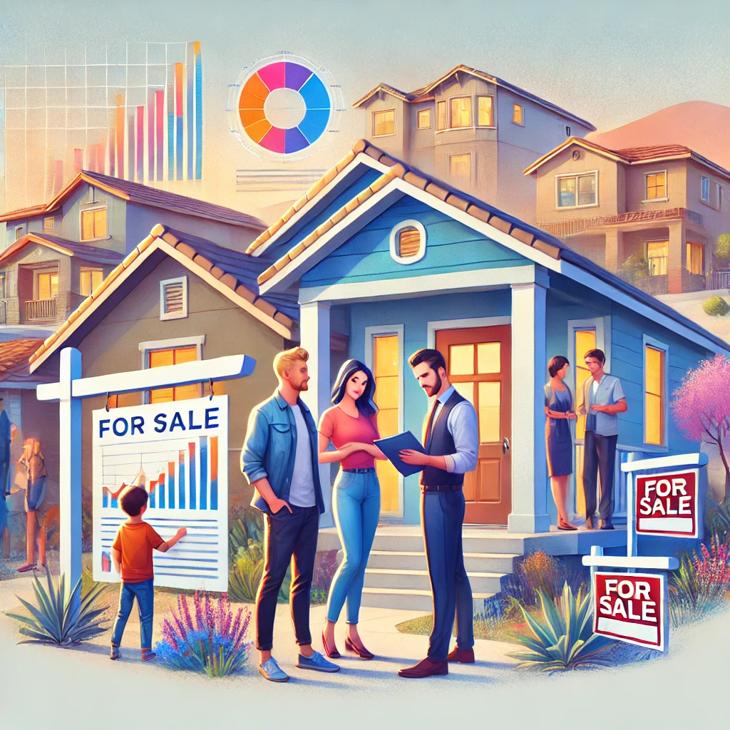 A vibrant Las Vegas neighborhood with homebuyers actively shopping. A couple discusses a housing brochure near a 'For Sale' sign, while a family tours a home with a real estate agent. The scene features a mix of modern and traditional homes, symbolizing diverse housing options and informed decision-making in a competitive market A vibrant Las Vegas neighborhood with homebuyers actively shopping. A couple discusses a housing brochure near a 'For Sale' sign, while a family tours a home with a real estate agent. The scene features a mix of modern and traditional homes, symbolizing diverse housing options and informed decision-making in a competitive market
