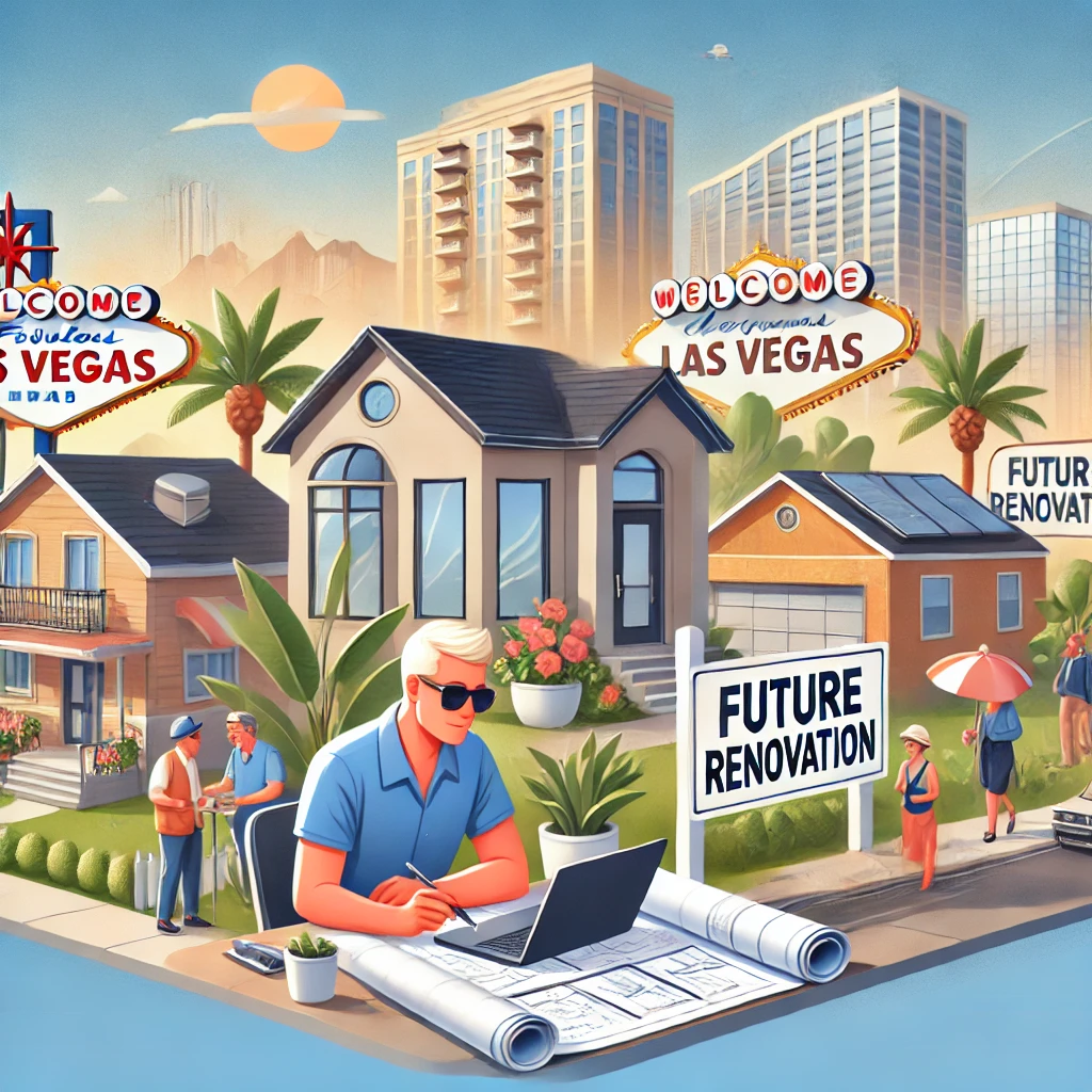An illustration of investors in the Las Vegas housing market. In the foreground, an investor reviews blueprints and a laptop near a new housing development. A fixer-upper house with a 'Future Renovation' sign is nearby. The background features retirees and remote workers enjoying sunny Las Vegas with palm trees, emphasizing opportunities for new builds and renovations An illustration of investors in the Las Vegas housing market. In the foreground, an investor reviews blueprints and a laptop near a new housing development. A fixer-upper house with a 'Future Renovation' sign is nearby. The background features retirees and remote workers enjoying sunny Las Vegas with palm trees, emphasizing opportunities for new builds and renovations