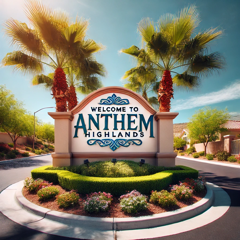 Entrance to Anthem Highlands neighborhood with a large welcoming sign, featuring the name 'Anthem Highlands,' surrounded by palm trees, lush greenery, and colorful flowers, under a clear, sunny sky. Entrance to Anthem Highlands neighborhood with a large welcoming sign, featuring the name 'Anthem Highlands,' surrounded by palm trees, lush greenery, and colorful flowers, under a clear, sunny sky.