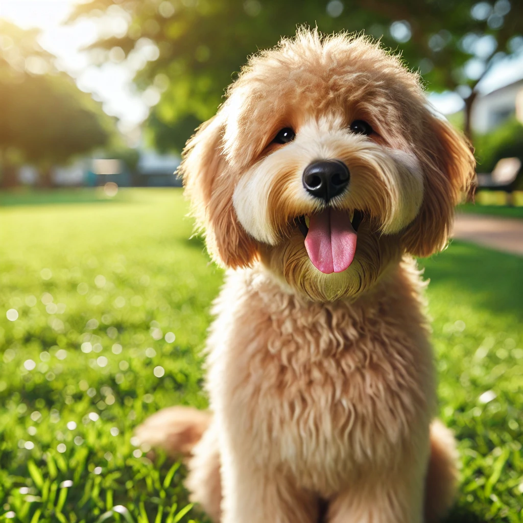 A cute labradoodle in the park smiling