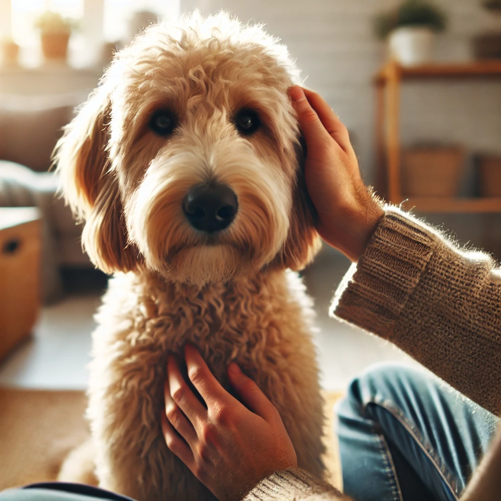 Labradoodle siiting and gazing eye contact at owner