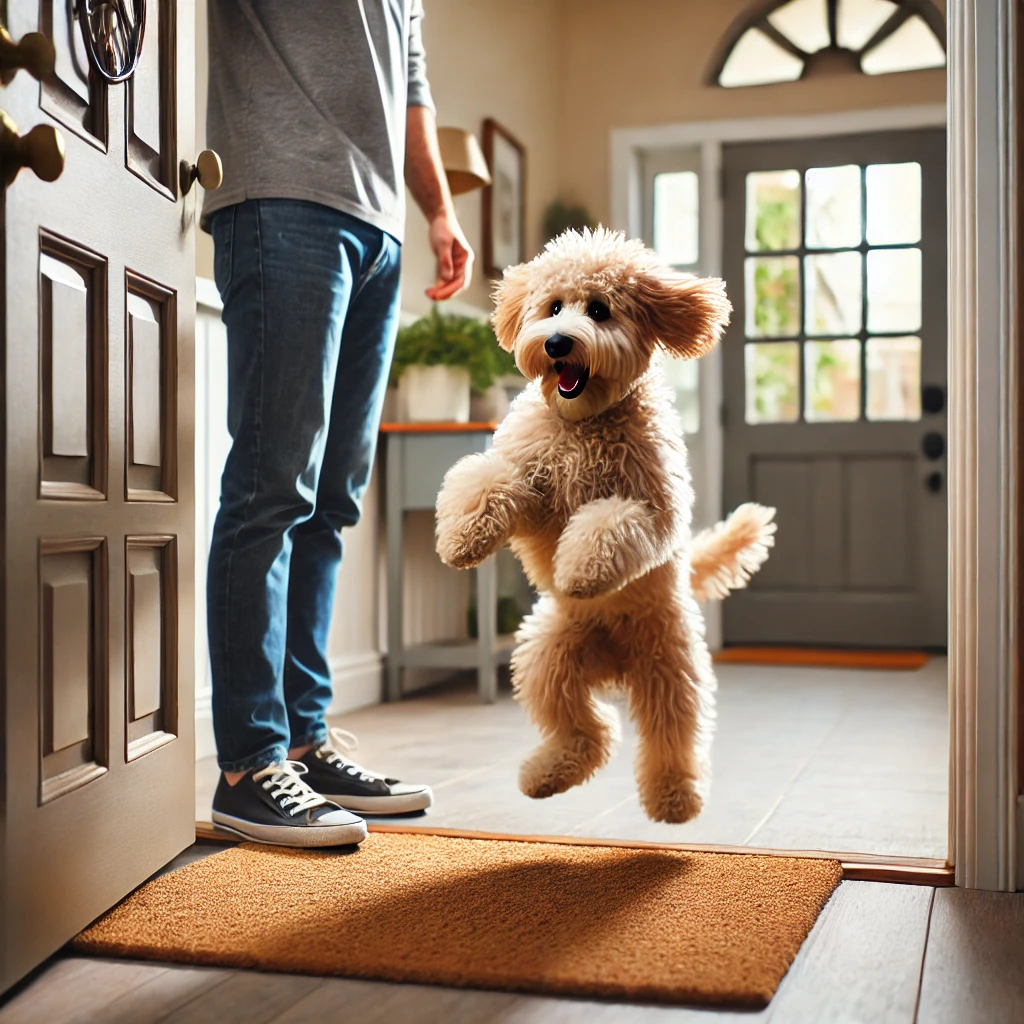 Happy jumping labradoodle