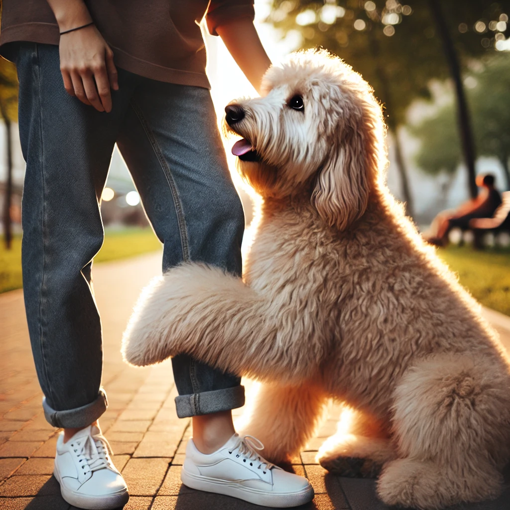 Labradoodle leaning against his owner making loving contact
