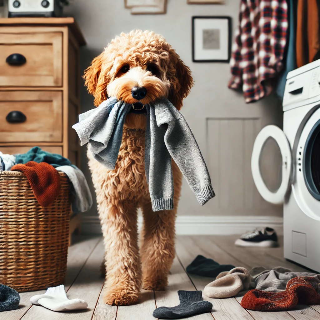 Labradoodle raiding the clothes hamper to get owners smell for comfort