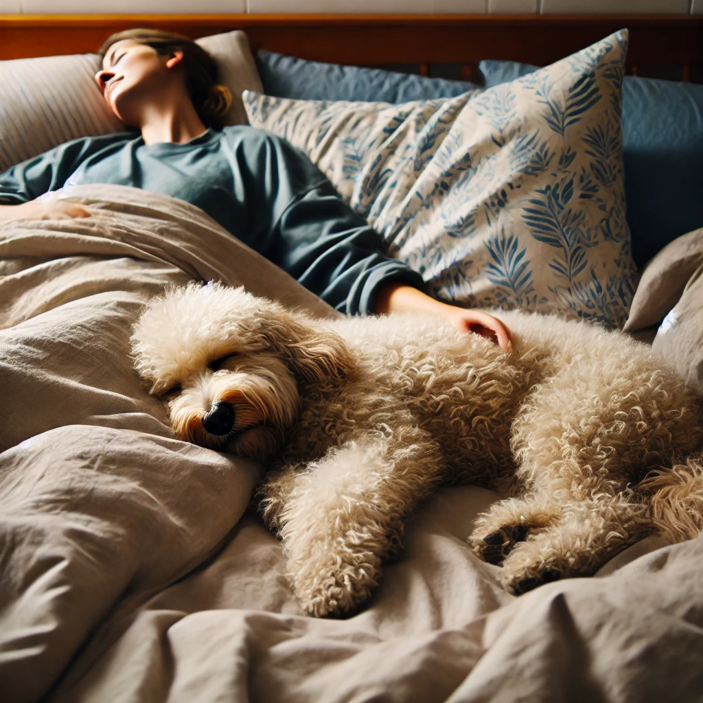 Labradoodle sleeping in owners bed with owner
