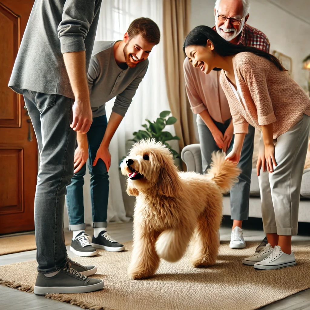 Labradoodle playing and loving on the owners friends