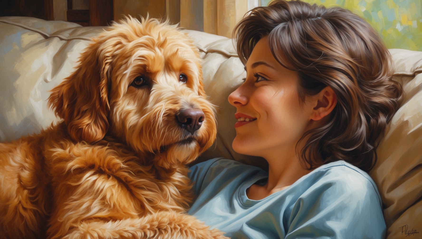 Labradoodle and owner gazing in each others eyes while cuddling