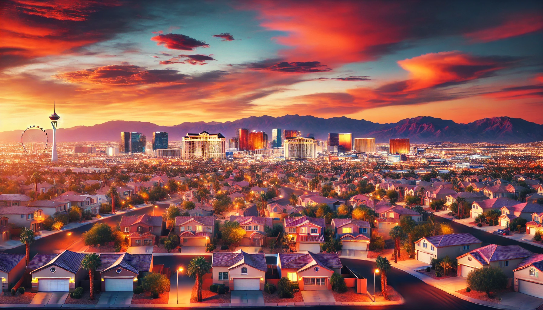 Las Vegas skyline showcasing residential neighborhoods at sunset