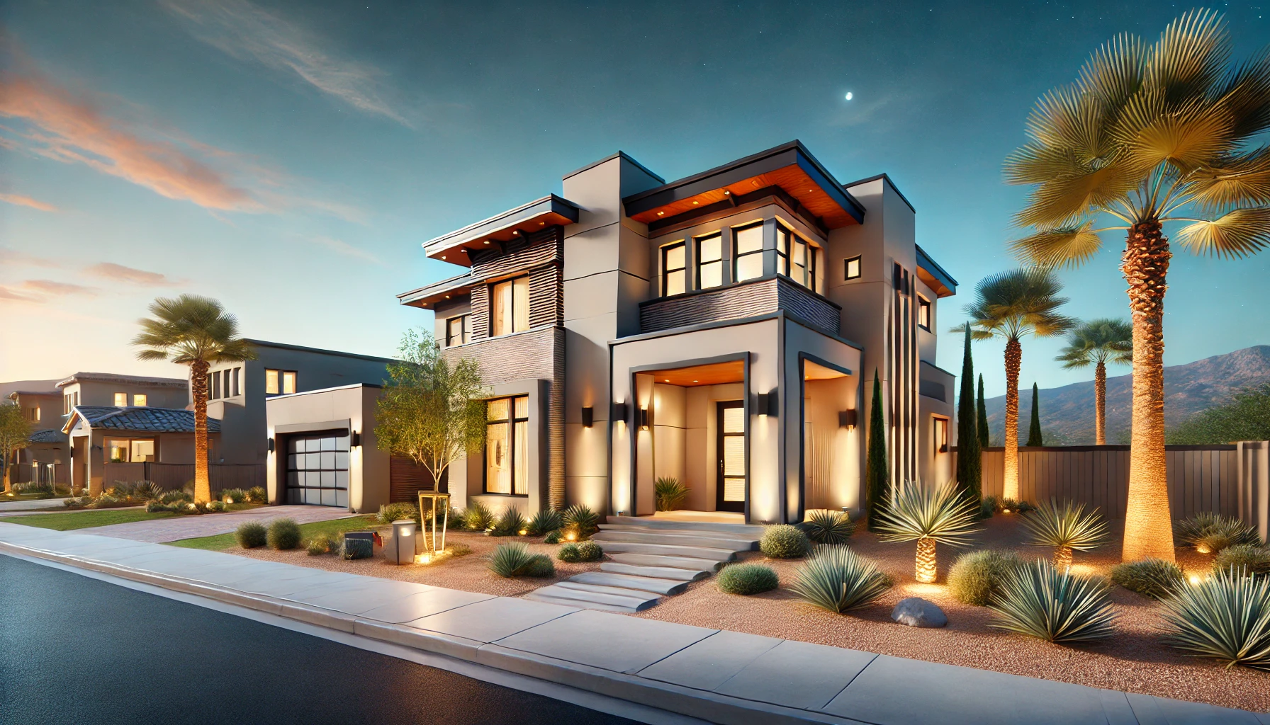 Modern Las Vegas home exterior with desert landscaping and curb appeal