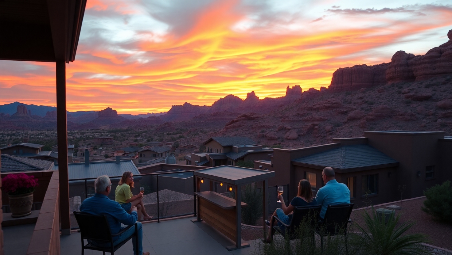 Couple sipping coffee in Summerlin with Red Rock Mountains and blue skies in the background Couple sipping coffee in Summerlin with Red Rock Mountains and blue skies in the background
