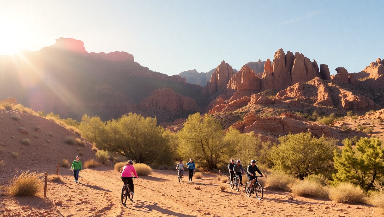 Family riding bikes on a Summerlin trail with desert plants and mountains nearby. Family riding bikes on a Summerlin trail with desert plants and mountains nearby.