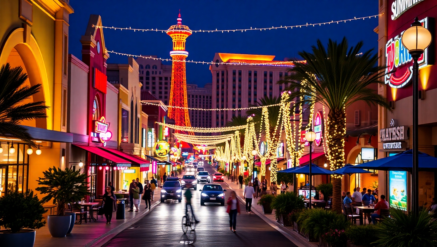 People walking and dining in Downtown Summerlin during sunset with lively storefronts. People walking and dining in Downtown Summerlin during sunset with lively storefronts.
