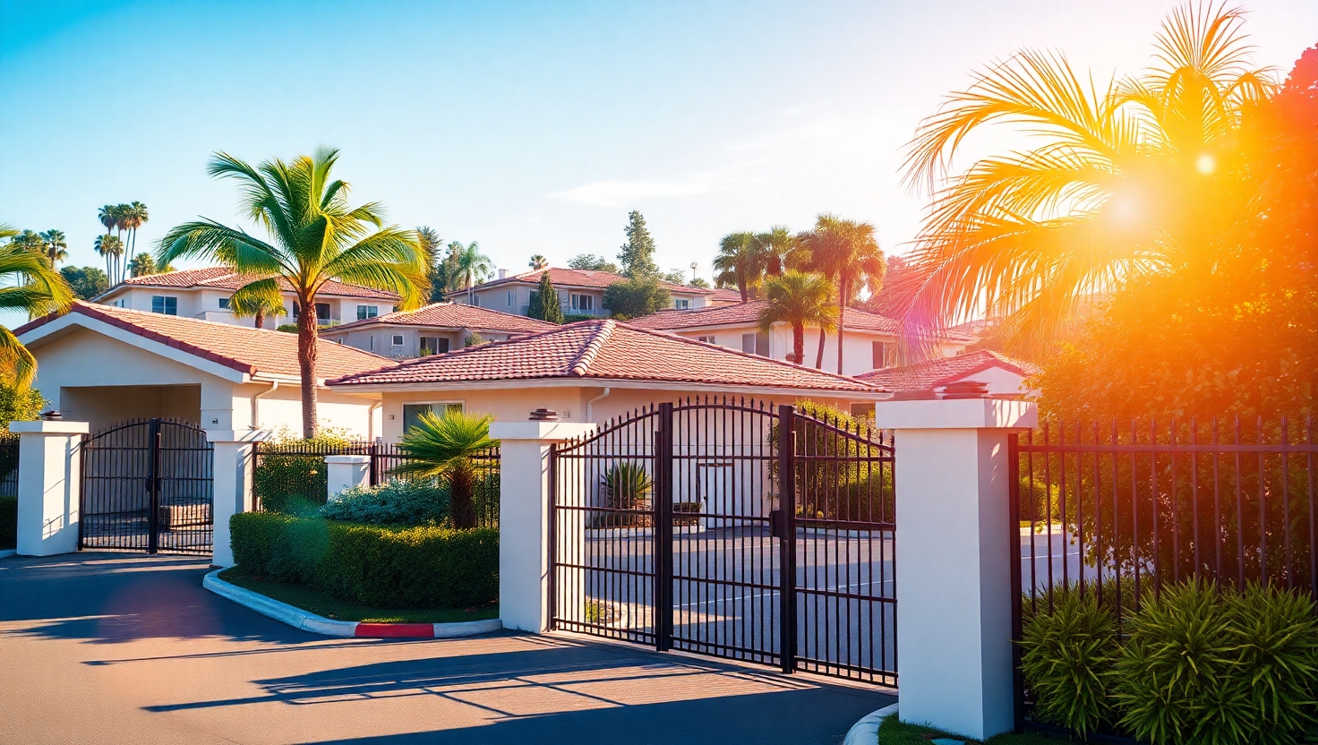 Secure gated community entrance in Summerlin with palm trees and clean roads. Secure gated community entrance in Summerlin with palm trees and clean roads.