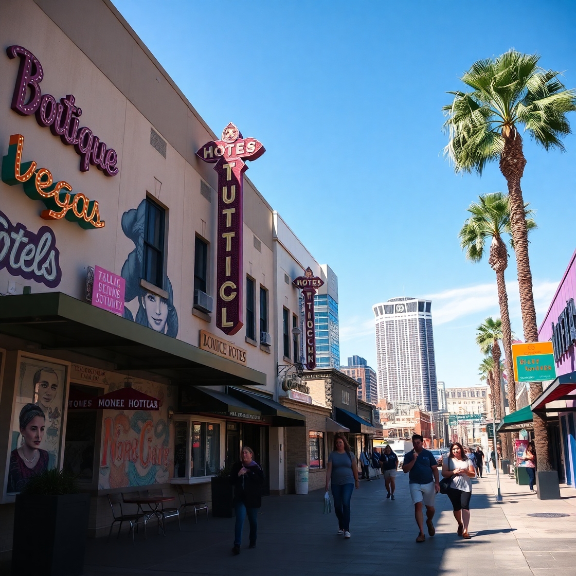 Revitalized downtown Las Vegas scene with pedestrians, local shops, and new developments. Revitalized downtown Las Vegas scene with pedestrians, local shops, and new developments.