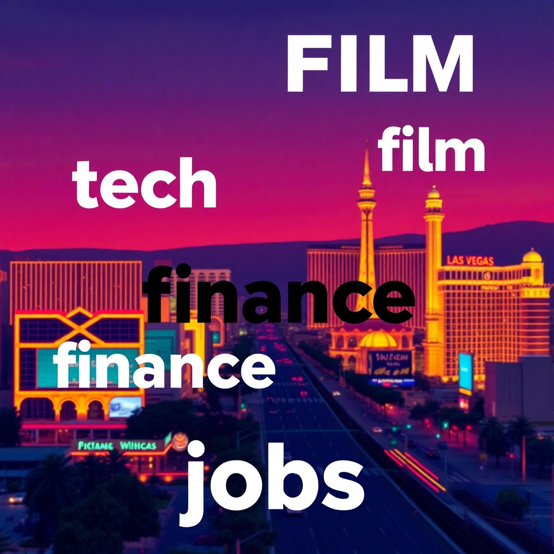 Illustrated chart showing Las Vegas job growth across tech, film, and finance sectors amid cityscape backdrop. Illustrated chart showing Las Vegas job growth across tech, film, and finance sectors amid cityscape backdrop.