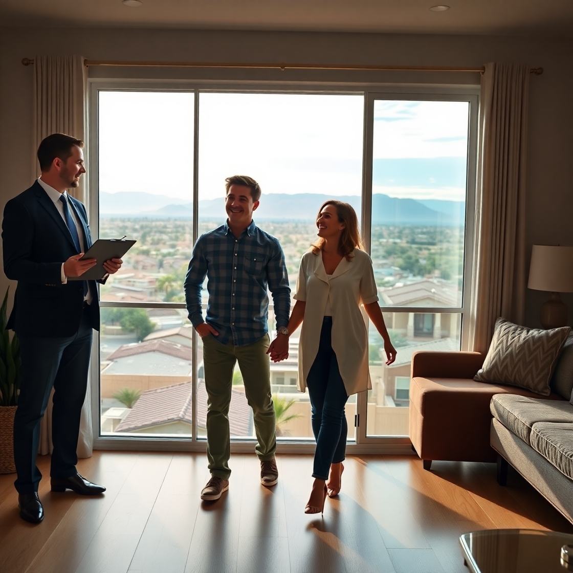 Couple looking at a home with their real estate agent in a Las Vegas neighborhood, representing homebuyer opportunities. Couple looking at a home with their real estate agent in a Las Vegas neighborhood, representing homebuyer opportunities.