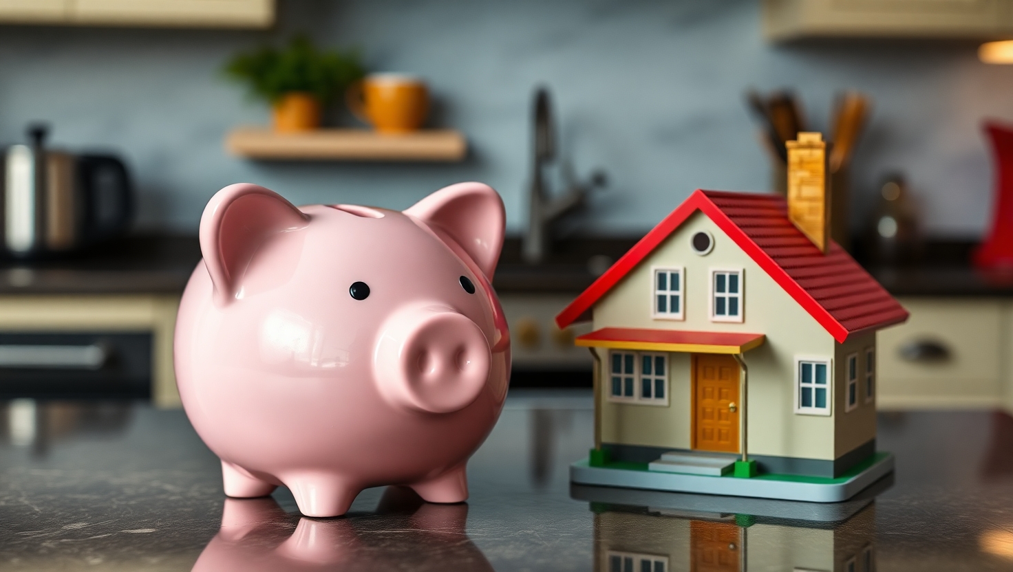 Piggy bank and miniature house symbolizing financial savings through homeownership.