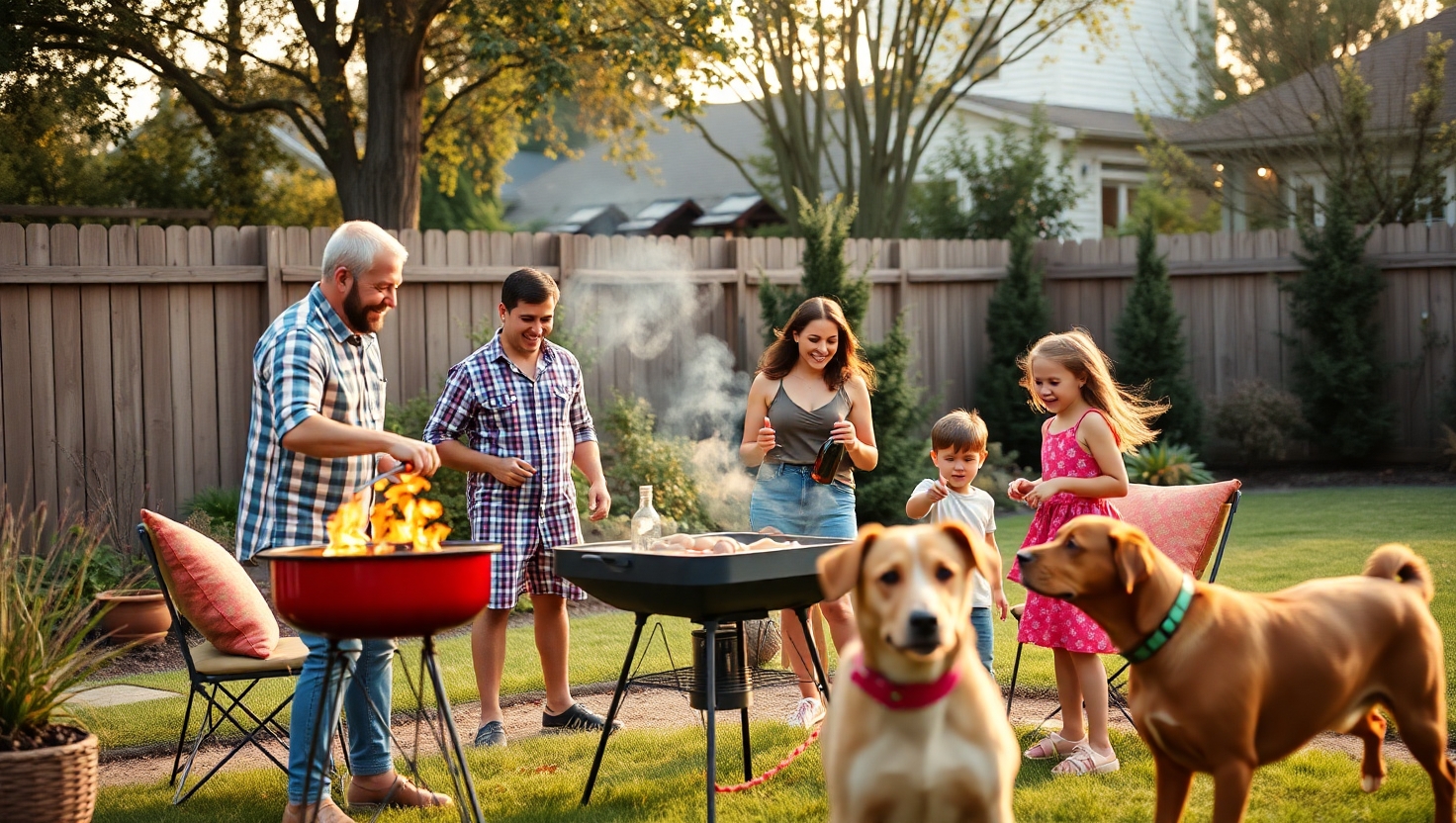 Happy family enjoying their private backyard with children and a dog playing.