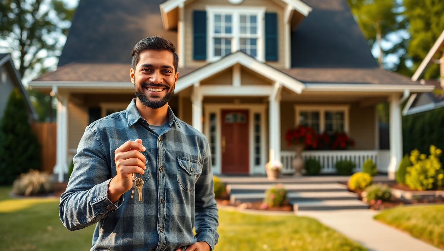  Proud homeowner holding keys and standing in front of their newly purchased home