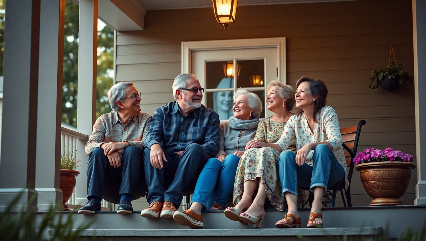 Three generations of a family sitting on a porch, representing home as a family legacy.