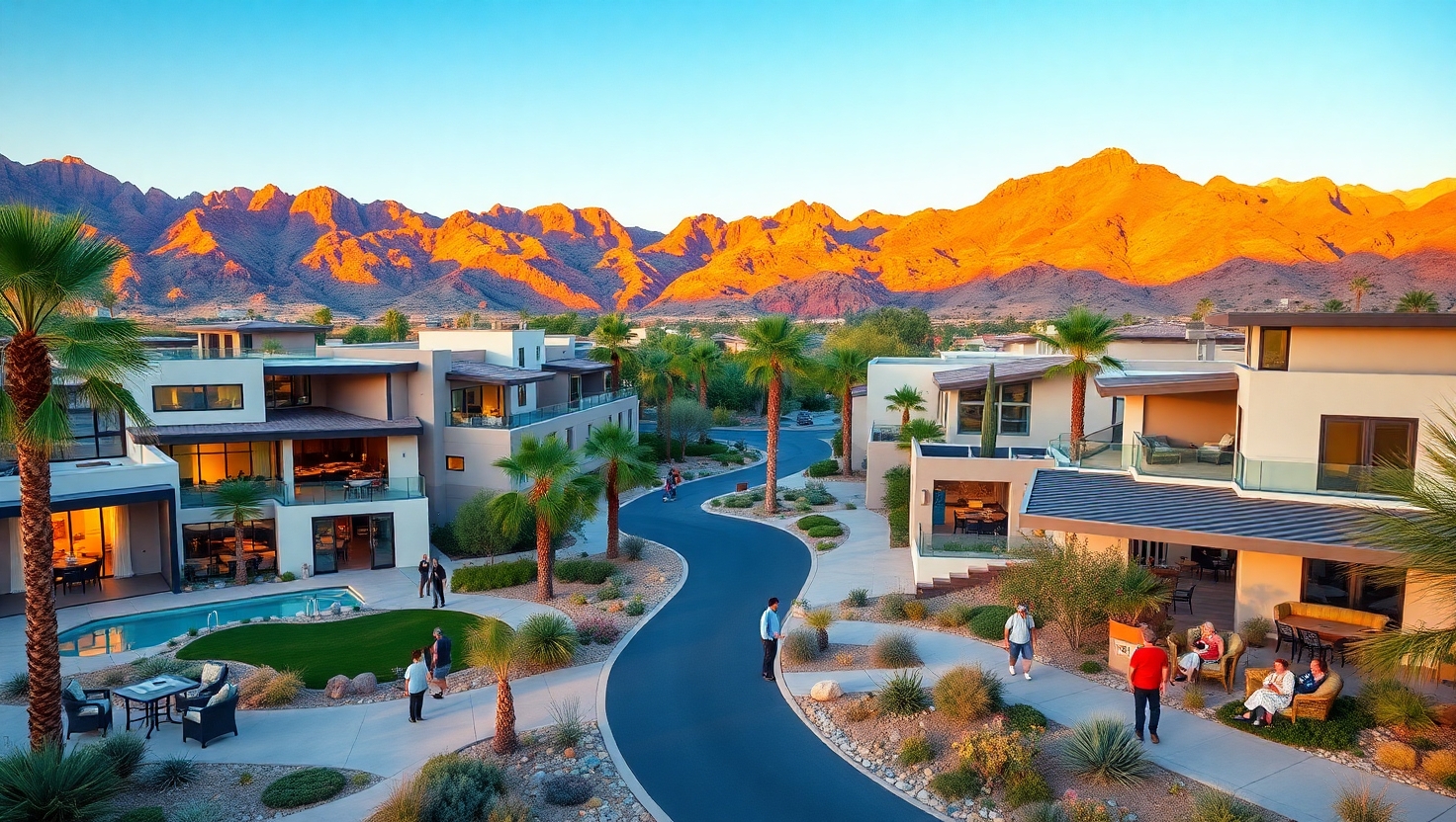 A vibrant, photorealistic image of a modern residential neighborhood in Summerlin, Las Vegas, captured at sunset. The community showcases sleek, contemporary homes with large glass windows, balconies, and lush desert landscaping. Residents are enjoying the warm evening—walking, socializing, and relaxing outside. Palm trees line the winding road, and the nearby Red Rock mountains glow brilliantly in the background, creating a stunning desert backdrop. A vibrant, photorealistic image of a modern residential neighborhood in Summerlin, Las Vegas, captured at sunset. The community showcases sleek, contemporary homes with large glass windows, balconies, and lush desert landscaping. Residents are enjoying the warm evening—walking, socializing, and relaxing outside. Palm trees line the winding road, and the nearby Red Rock mountains glow brilliantly in the background, creating a stunning desert backdrop.