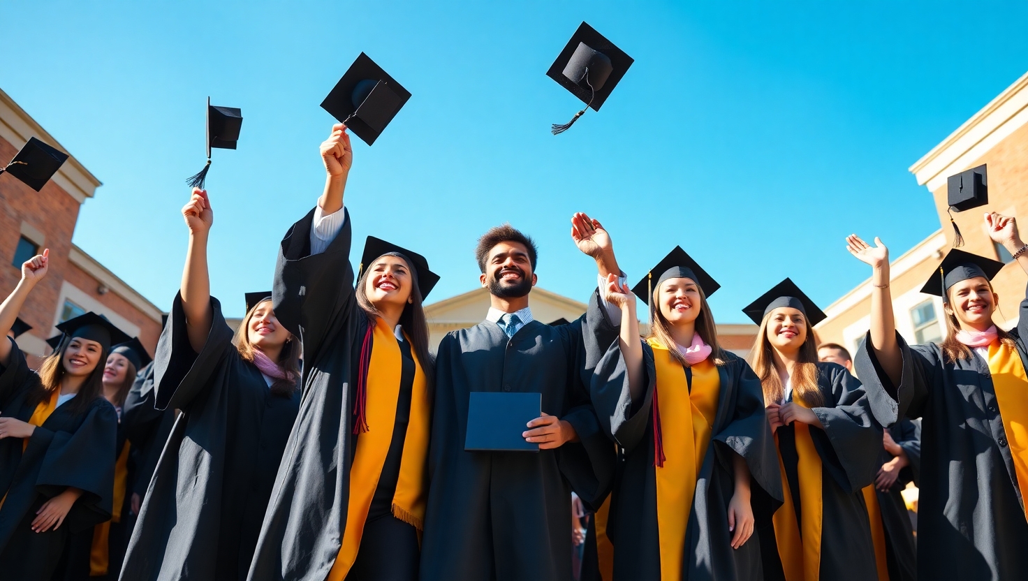 A group of graduates in caps and gowns cheer and raise their hands in celebration, standing together outdoors on a sunny day with blue sky and school buildings in the background. A group of graduates in caps and gowns cheer and raise their hands in celebration, standing together outdoors on a sunny day with blue sky and school buildings in the background.