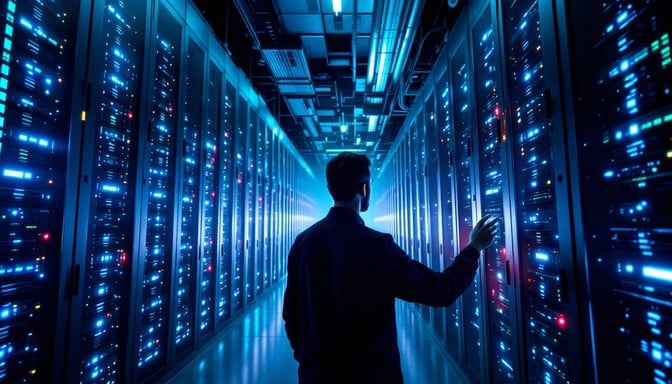 A person working in a secure data center with green status lights, symbolizing a compliant and operational system.