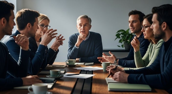 A diverse team of professionals collaborating confidently in a modern, bright office space.