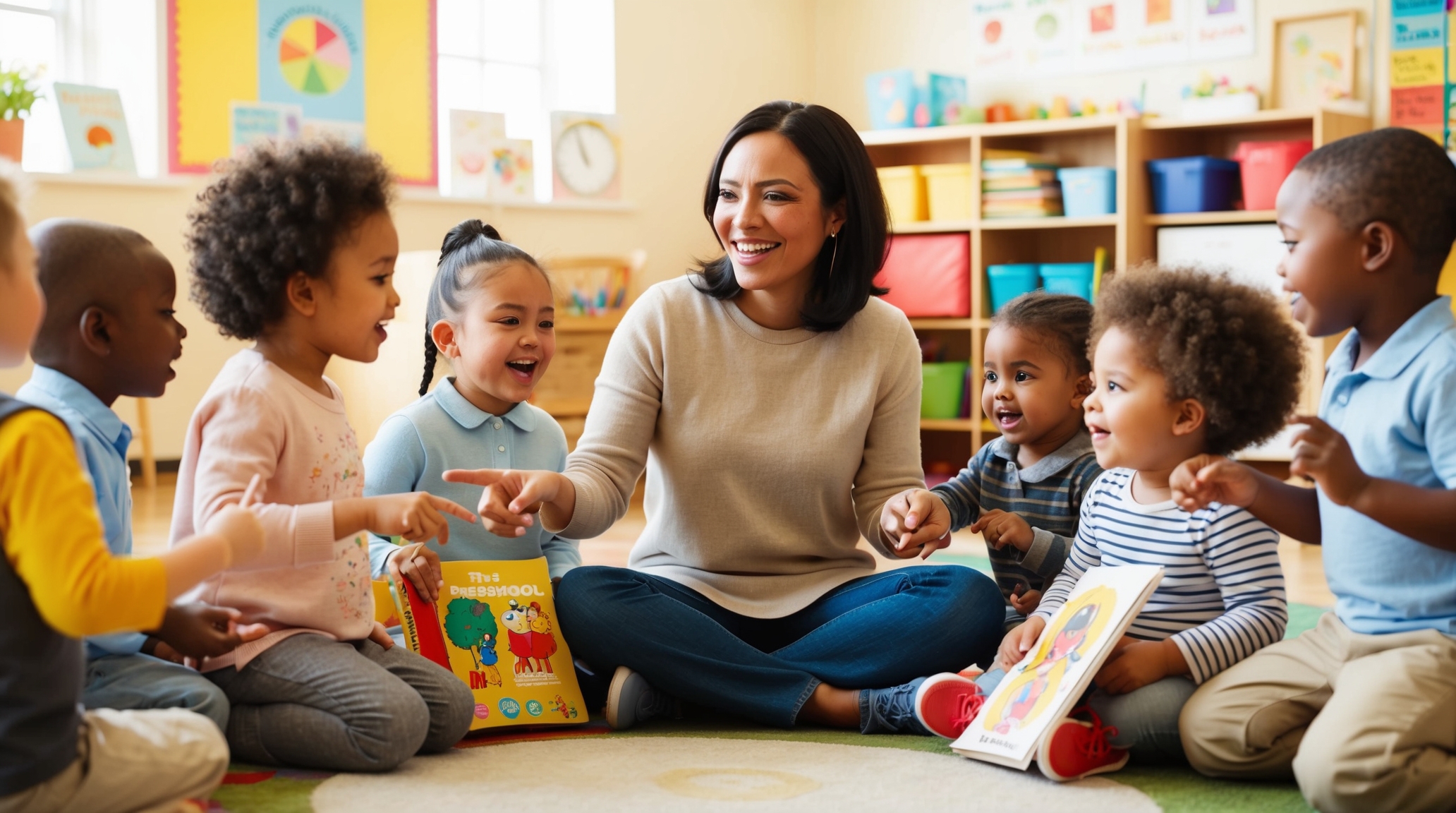 teacher with her students in a childcare center