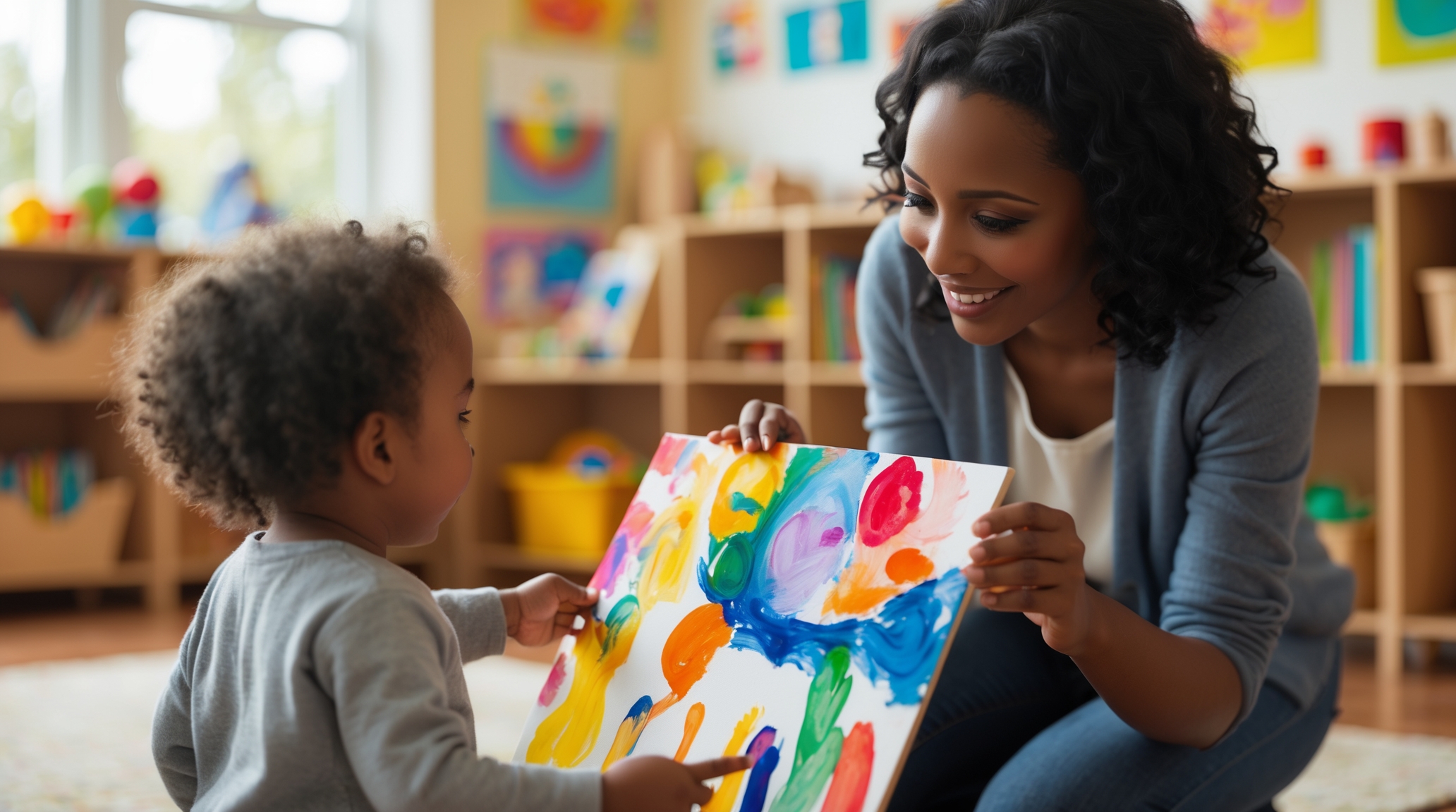 A warm, well-lit daycare or childcare classroom with a cozy atmosphere. In the foreground, a young child proudly shows a colorful painting to a kneeling parent or caregiver, who is smiling warmly and pointing to details in the artwork. The caregiver’s expression is attentive and encouraging. The background includes shelves with books and toys, child-made art on the walls, and soft natural lighting. The overall mood is nurturing, thoughtful, and emotionally connected—highlighting mindful praise and child-centered care. A warm, well-lit daycare or childcare classroom with a cozy atmosphere. In the foreground, a young child proudly shows a colorful painting to a kneeling parent or caregiver, who is smiling warmly and pointing to details in the artwork. The caregiver’s expression is attentive and encouraging. The background includes shelves with books and toys, child-made art on the walls, and soft natural lighting. The overall mood is nurturing, thoughtful, and emotionally connected—highlighting mindful praise and child-centered care.