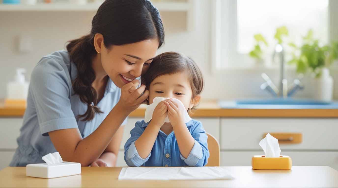 A warm, natural-looking photograph-style illustration for the title page of a childcare guide titled “Teaching Kids How to Blow Their Nose.” A preschool-age child (around 3–5 years old) is sitting with a tissue gently held to their nose, while a caring adult (such as a parent or teacher) leans down, smiling softly and showing them how to blow. The setting is bright, clean, and welcoming — either a cozy classroom or a modern home environment. Details include a tissue box on the table and a sink or soap in the background to suggest hygiene. The lighting is soft and natural, evoking comfort and trust. Leave clear space at the top for the title text. A warm, natural-looking photograph-style illustration for the title page of a childcare guide titled “Teaching Kids How to Blow Their Nose.” A preschool-age child (around 3–5 years old) is sitting with a tissue gently held to their nose, while a caring adult (such as a parent or teacher) leans down, smiling softly and showing them how to blow. The setting is bright, clean, and welcoming — either a cozy classroom or a modern home environment. Details include a tissue box on the table and a sink or soap in the background to suggest hygiene. The lighting is soft and natural, evoking comfort and trust. Leave clear space at the top for the title text.
