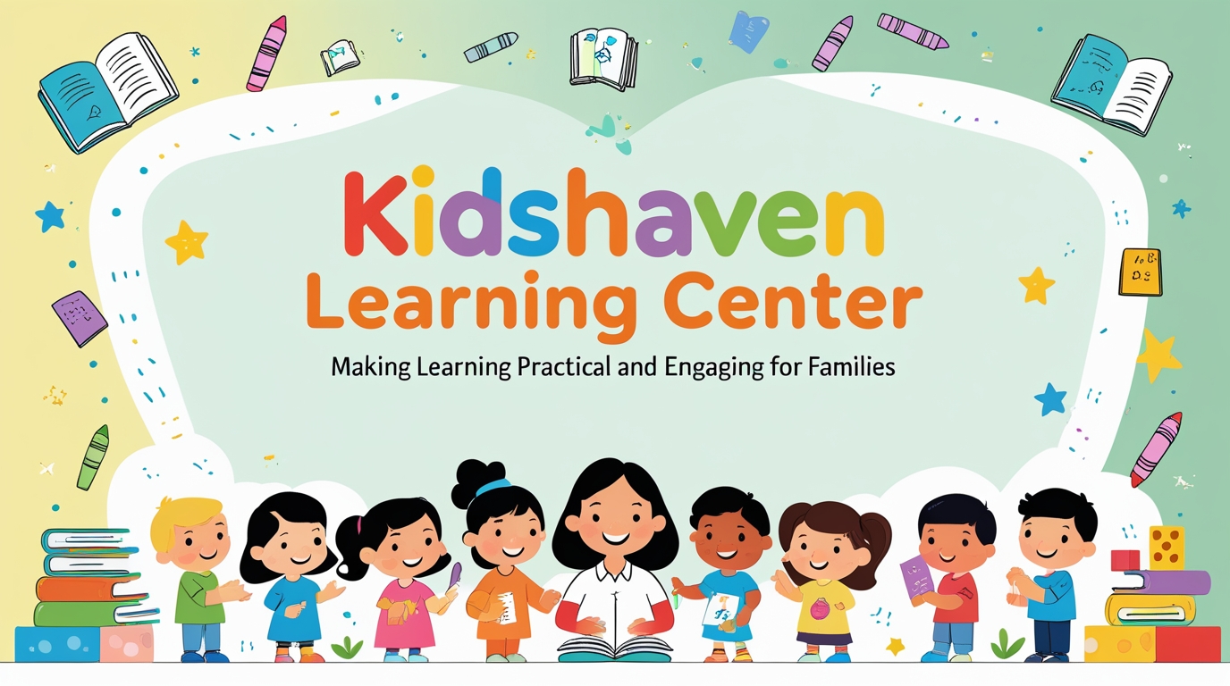 A warm, inviting headline banner for a childcare and learning blog titled ‘Kidshaven Learning Center: Making Learning Practical and Engaging for Families.’ The background is soft pastel (light green and yellow gradient) with playful doodles of books, crayons, stars, and building blocks along the edges. At the center, cheerful child-friendly lettering space for the headline text. Illustrations of a smiling teacher with diverse children engaged in activities (storytelling, drawing, counting) create a nurturing and educational vibe. Flat modern illustration style, bright, clean, and welcoming. A warm, inviting headline banner for a childcare and learning blog titled ‘Kidshaven Learning Center: Making Learning Practical and Engaging for Families.’ The background is soft pastel (light green and yellow gradient) with playful doodles of books, crayons, stars, and building blocks along the edges. At the center, cheerful child-friendly lettering space for the headline text. Illustrations of a smiling teacher with diverse children engaged in activities (storytelling, drawing, counting) create a nurturing and educational vibe. Flat modern illustration style, bright, clean, and welcoming.