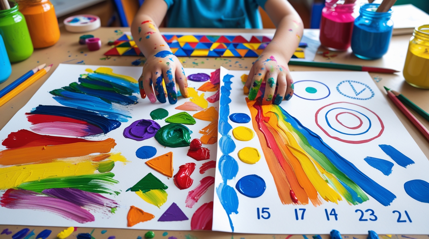 A bright classroom scene showing a child painting on one side of the paper with colorful abstract strokes (creativity), while on the other side of the paper neat geometric shapes and numbers are drawn (logic). The two halves blend together in the middle, where art and math merge—patterns made of triangles, circles, and swirls painted in rainbow colors. The child is smiling, hands messy with paint, surrounded by pencils, rulers, and paint jars. The overall mood is joyful, imaginative, and balanced, symbolizing the harmony of creativity and logic. Realistic style, vivid colors, natural lighting. A bright classroom scene showing a child painting on one side of the paper with colorful abstract strokes (creativity), while on the other side of the paper neat geometric shapes and numbers are drawn (logic). The two halves blend together in the middle, where art and math merge—patterns made of triangles, circles, and swirls painted in rainbow colors. The child is smiling, hands messy with paint, surrounded by pencils, rulers, and paint jars. The overall mood is joyful, imaginative, and balanced, symbolizing the harmony of creativity and logic. Realistic style, vivid colors, natural lighting.